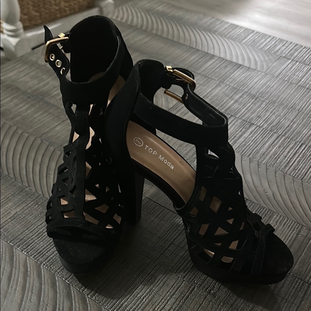 Top Moda Black Heel Shoes Strap Sexy Size 7
